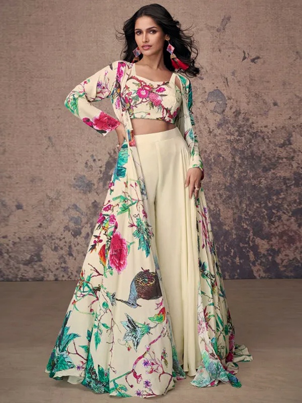 Light cream floral printed crepe silk crop top set with cape for Valentine's indo-western style