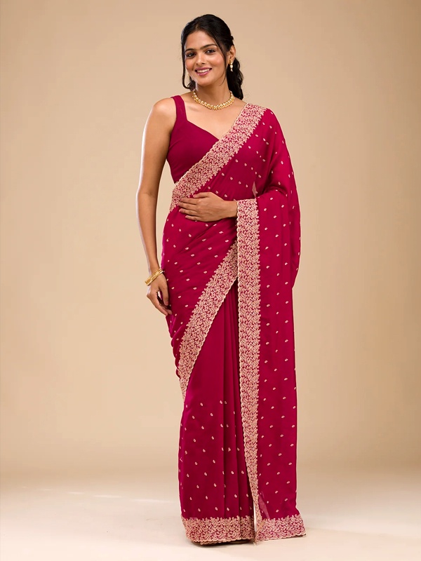 Rich maroon soft silk saree with zariwork embellishments for Valentine's festive occasion