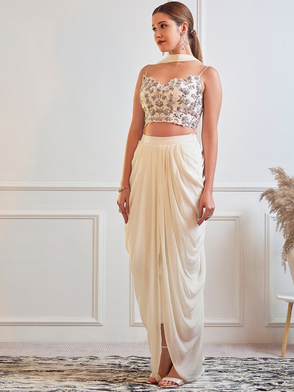 Off-white crepe embroidered indo-western lehenga with dhoti drape for Valentine's fusion look