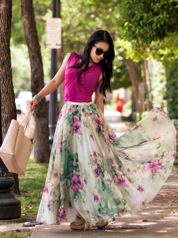 Sleeveless fuchsia blouse with flowing floral maxi skirt for Valentine's daytime date