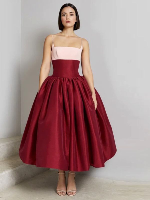 Elegant pink and deep red satin ball gown with thin straps for Valentine's formal events