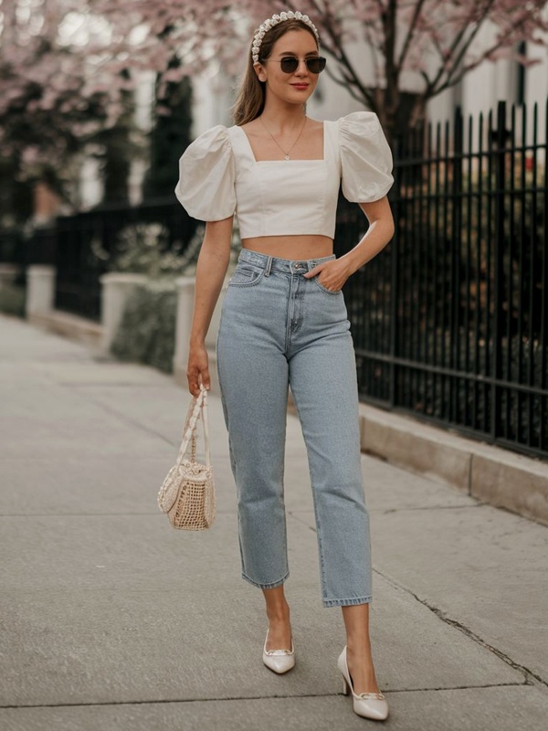 Off-white puff sleeve crop top paired with high-waist denim jeans for casual Valentine's outfit