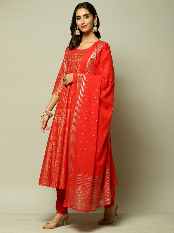 Red cotton anarkali kurta set with printed patterns and flex fabric for Valentine's traditional look