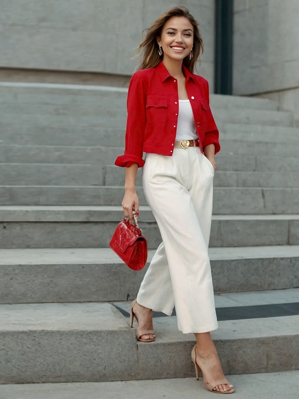 Woman wearing Valentine's Day outfit with cropped red jacket, white top, high-waisted cream wide-leg trousers, gold heart belt buckle, red quilted handbag and nude strappy heels