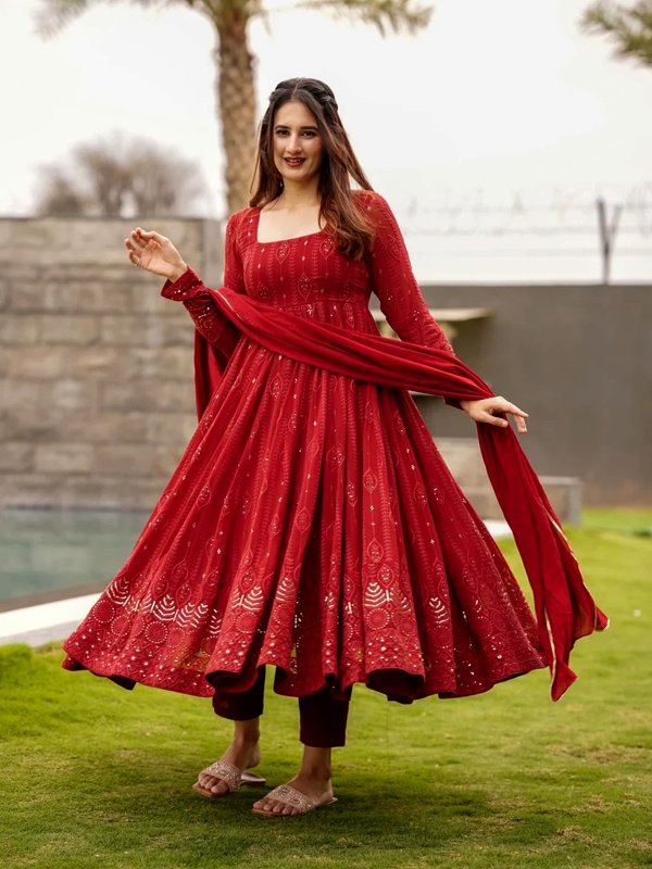 Festive red georgette anarkali suit with sequin embellishments for Valentine's celebration