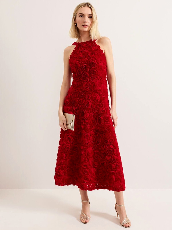 Romantic sleeveless red midi dress with rose petal print for Valentine's date night