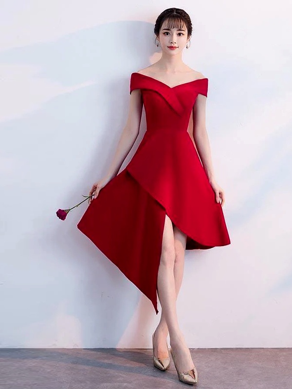 Stunning red satin off-shoulder dress with asymmetrical hemline for Valentine's evening