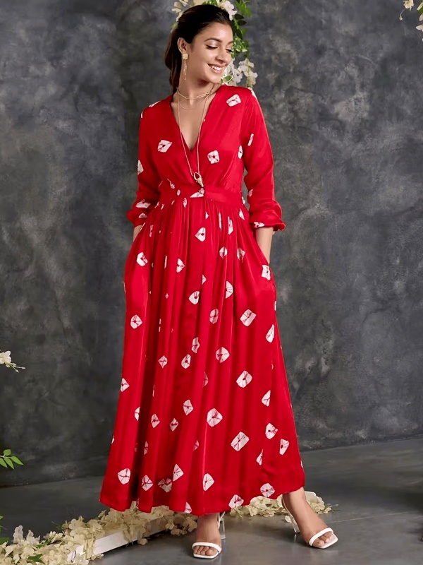 Bohemian red tie-dye dress with plunging V-neckline and waist tie for Valentine's beach date