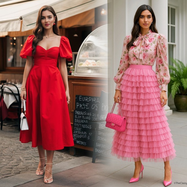 Valentine's Day color palette featuring romantic shades of red, pink, white and black for outfit styling