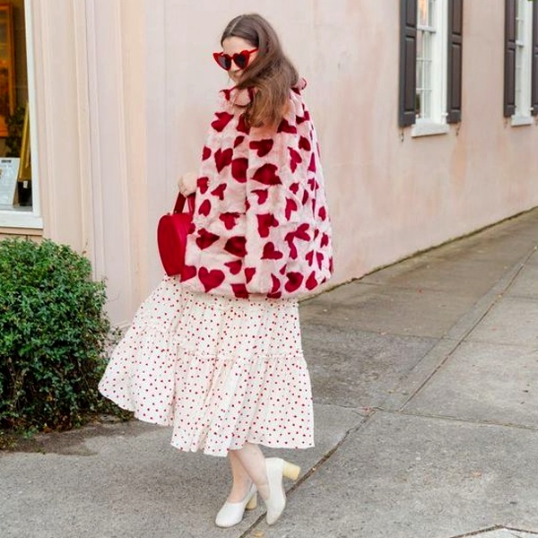 Layered Valentine's Day outfit with cardigan and wrap for cool February weather