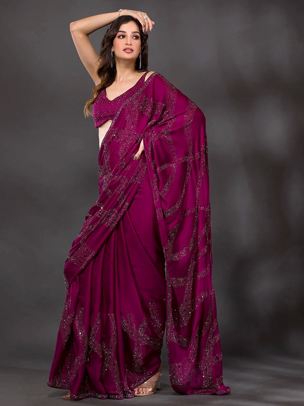 Luxurious wine-colored satin saree with Swarovski crystal embroidery for Valentine's evening